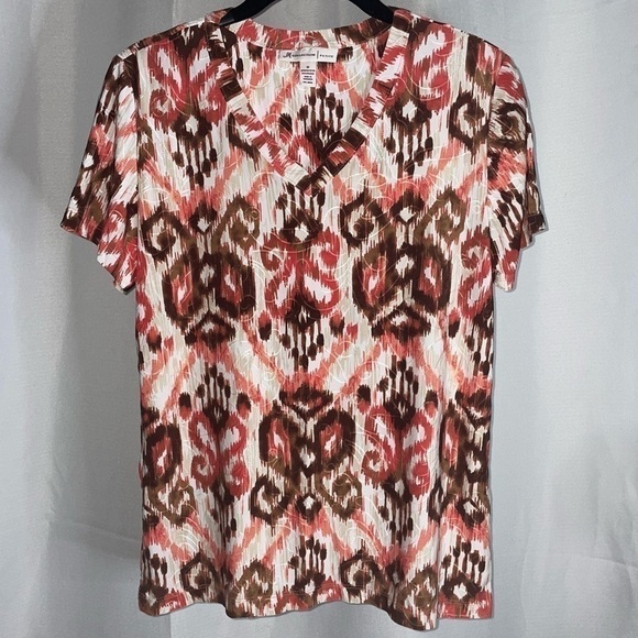 JM Collection Tunic Short Sleeve Top V-neck Geometric Bloom Design Printed Shirt - Picture 1 of 5